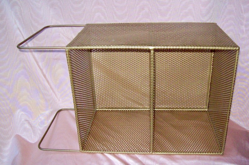 MID CENTURY MODERN PERFORATED HOLES GOLDTONE METAL END TABLE STAND w/ 2 SHELVES gallery