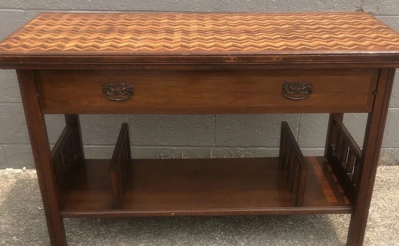 Antique Sofa Table Kitchen Island Marquetry Walnut Wood Inlaid Folk Art Top gallery