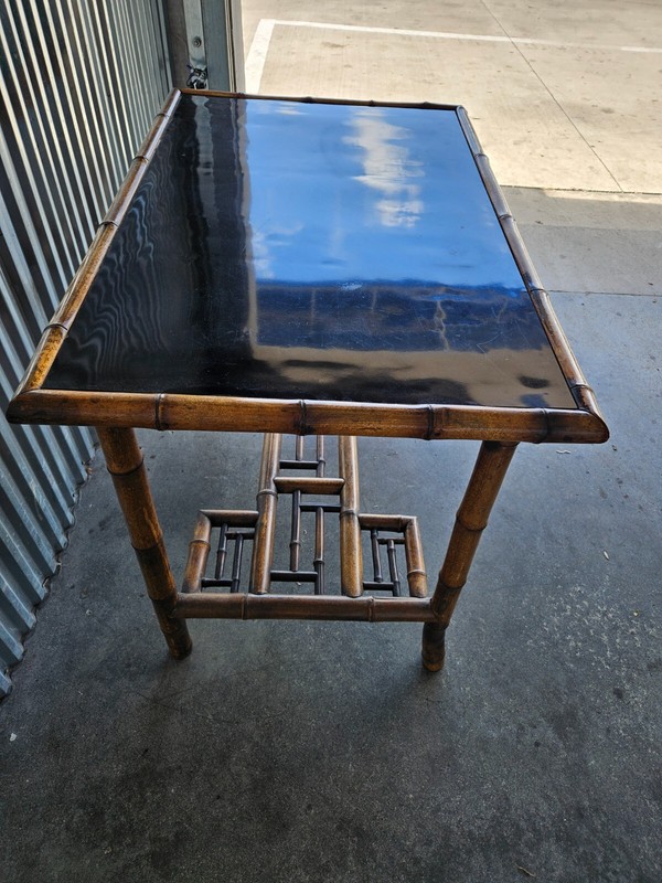 Rattan Chinese Chippendale Accent Table With Black lacquer Top gallery