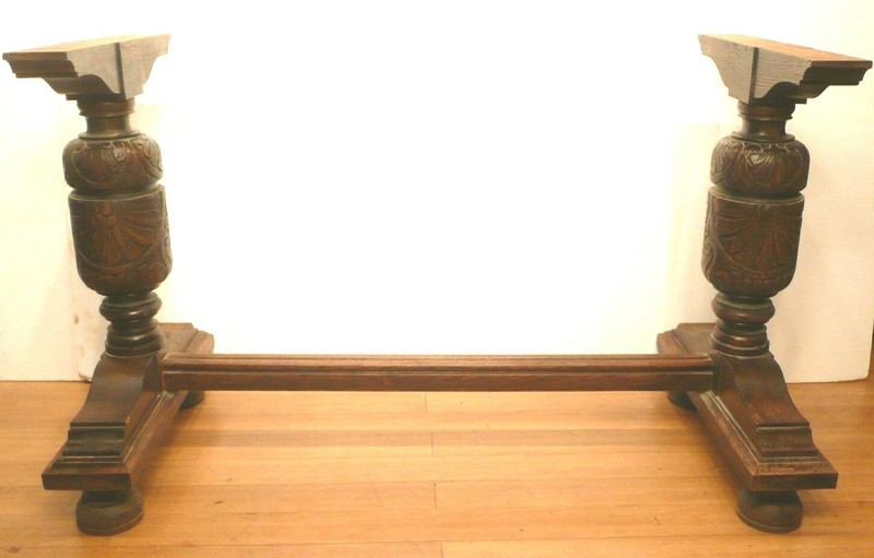1920s ORNATE HAND-MADE WOOD TABLE BASE 26″ hi SET OF 2 BARREL LEGS & CONNETOR