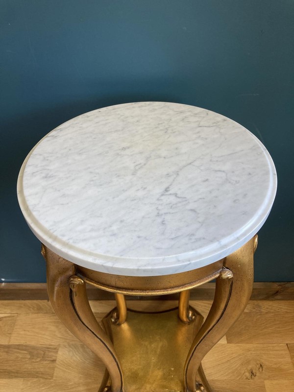 Vintage Giltwood Gold Pedestal Table with White Marble Top gallery
