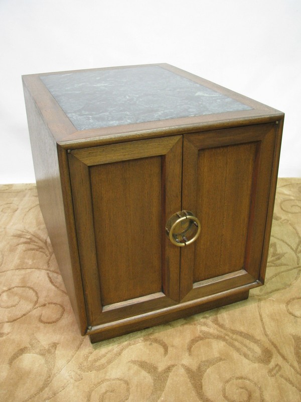 *PAIR* Dunbar-Inspired Walnut End Tables / Cabinets With Marble Insert Tops gallery