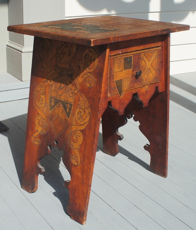 RARE ARTS & CRAFTS/ TUDOR REVIVAL SIGNED PYROGRAPHY TABLE W/ EXTENSIVE ORNAMENT