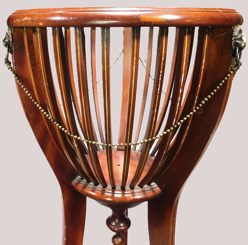 Antique Victorian Mahogany Jardiniere Stand Brass Lion Heads Inlaid tripod c1890 gallery