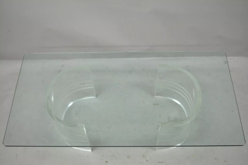 Mid Century Modern Curved Lucite Double Pedestal Rectangular Glass Coffee Table gallery