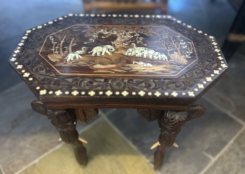 VTG Elephant Legged Anglo Indian Rosewood Side Table Hand Carved with Inlay 12" gallery