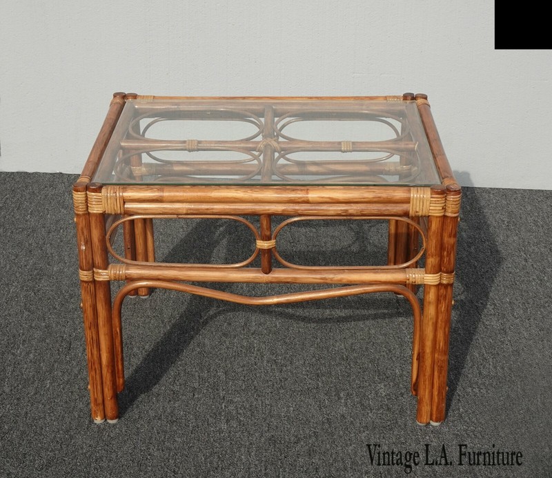 Vintage Mid Century Modern Bamboo Rattan End Table Tiki Palm Beach Style