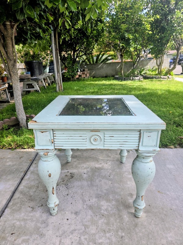 Vintage Rustic Style Chic Light Blue Side Table W/Glass Top gallery