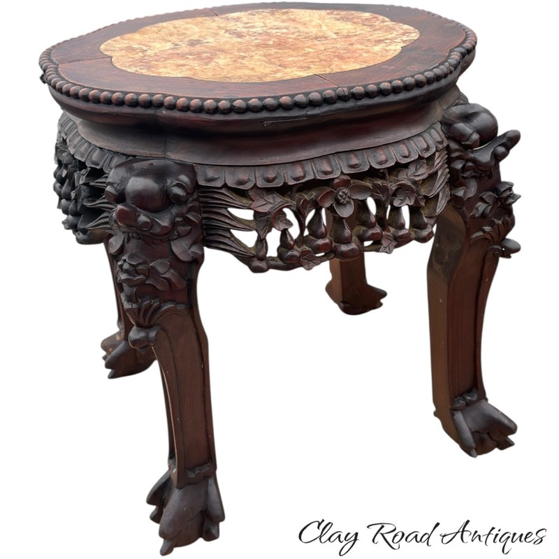 Antique Carved Chinese rosewood marble top parlor table plant stand small rose gallery