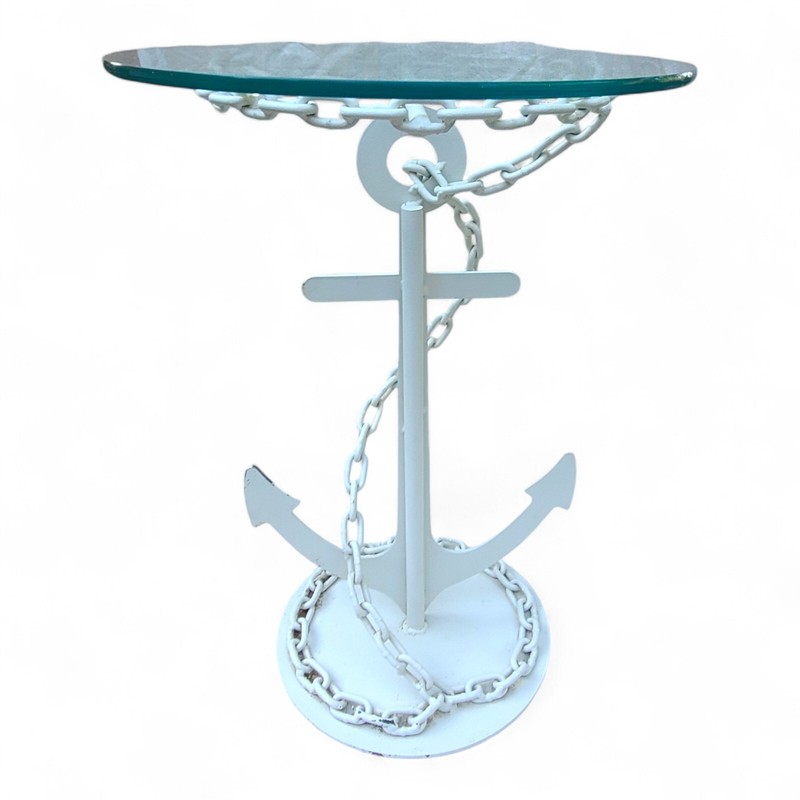 Vintage Wrought Iron Anchor & Chain Side Table Glass Top Lake House Yacht White gallery