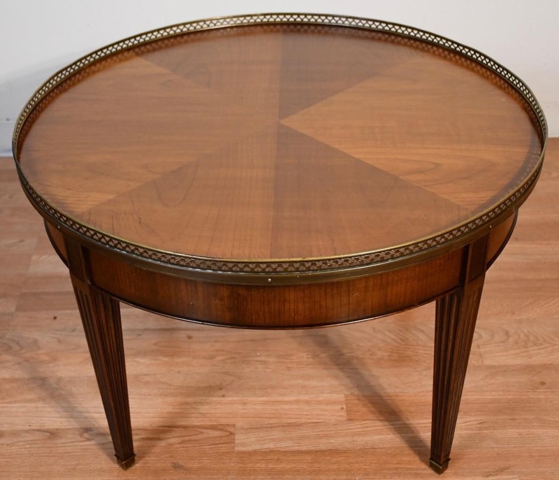 1930s French Louis XVI Style Walnut Coffee Accent Table Brass Gallery Railing