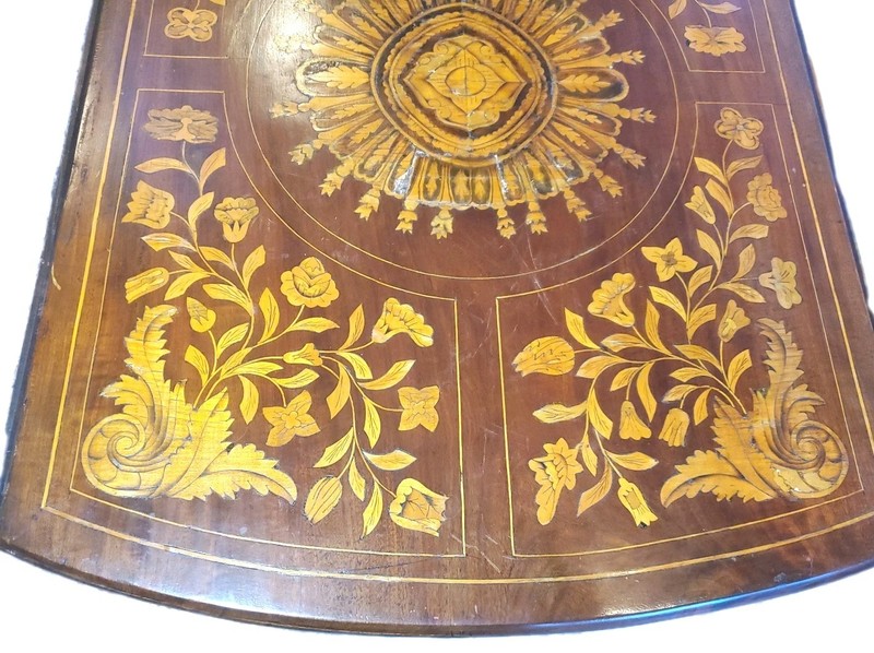 Antique Marquetry Wood Inlaid Floral Dual Drop Leaf Table 29" Tall Single Drawer gallery