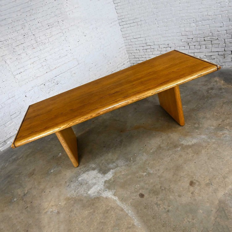 Modern Oak Large Trestle Style Dining or Conference Table Bullnose Edges gallery