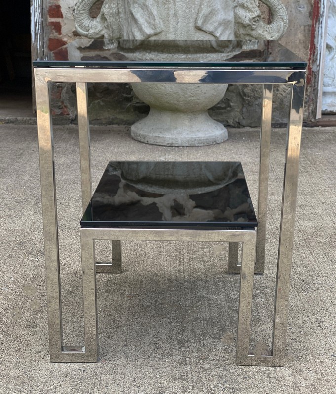 Post-Modern Sculpted Chrome & Black Glass Tiered Side Table gallery