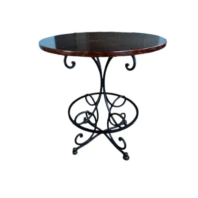 Wrought Iron Round Side Or Entry table by Baker Furniture – Walnut Top