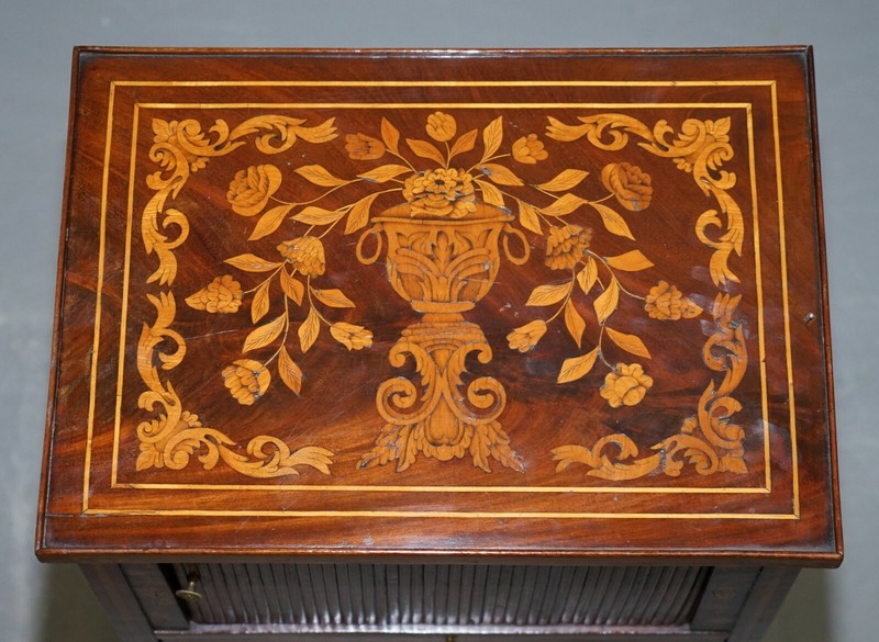 RARE 19TH CENTURY DUTCH MARQUETRY INLAID SIDE TABLE WITH TAMBOUR FRONTED DOOR gallery