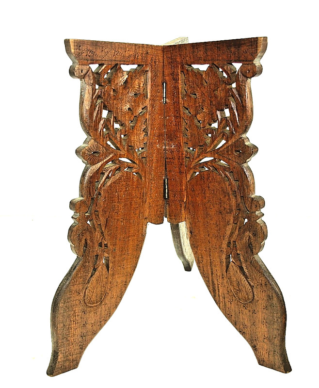 Rare Vintage India Hand Carved Wood Foldable Table with Ornate Inlay Dia. 38cm gallery
