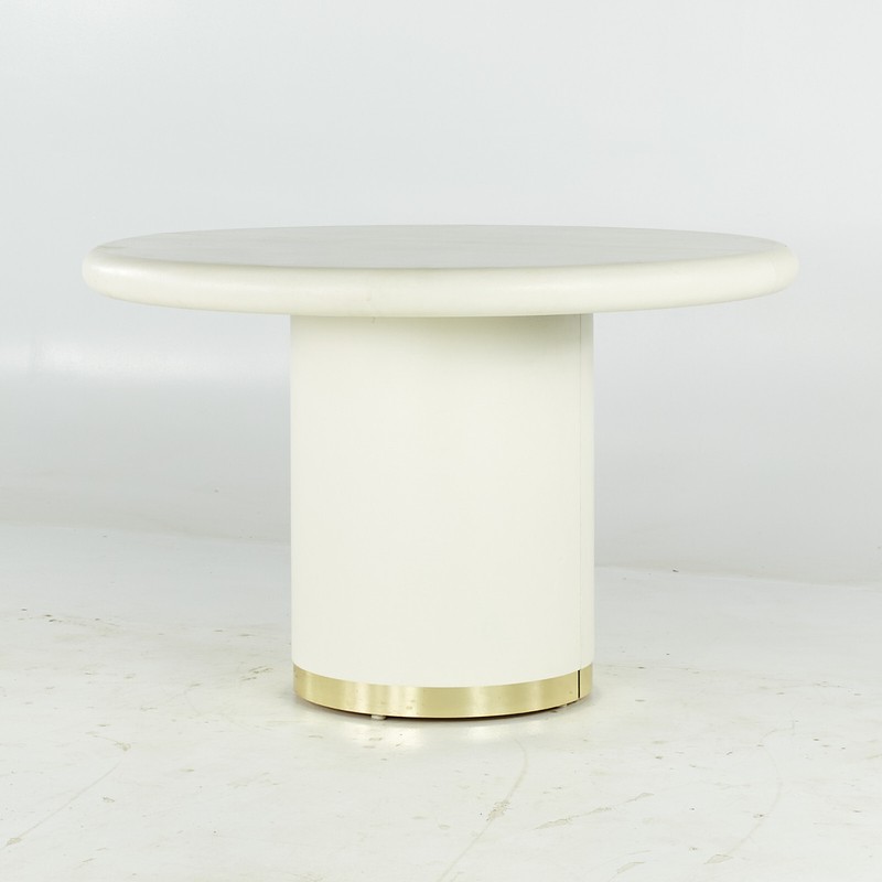 Karl Springer Style Mid Century Grass Cloth and Brass Expanding Dining Table gallery
