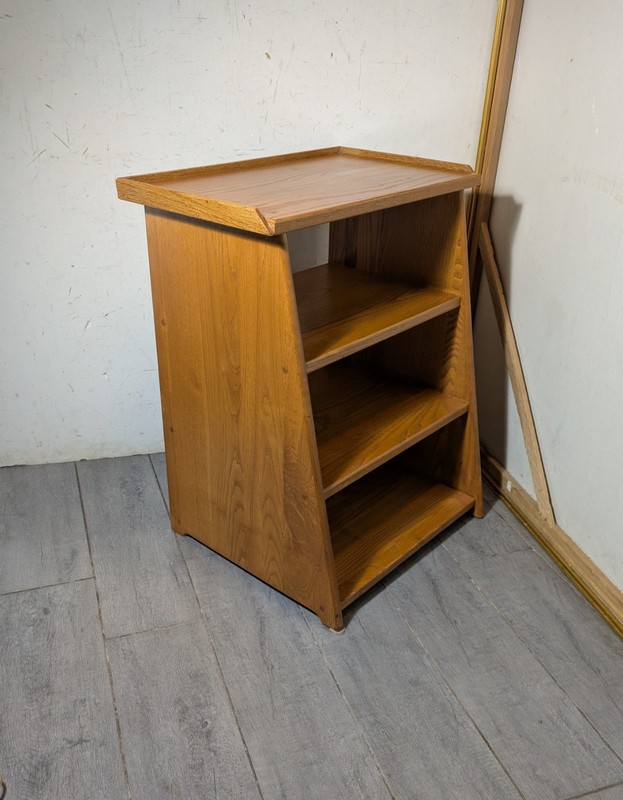Vintage Mid Century Modern Oak Wood Telephone Table Slanted Nightstand Shelf B gallery