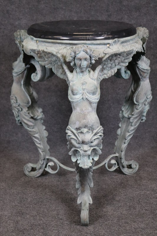 Metal Figural Victorian Style Bronze Finished Metal Marble Top Pedestal Table gallery