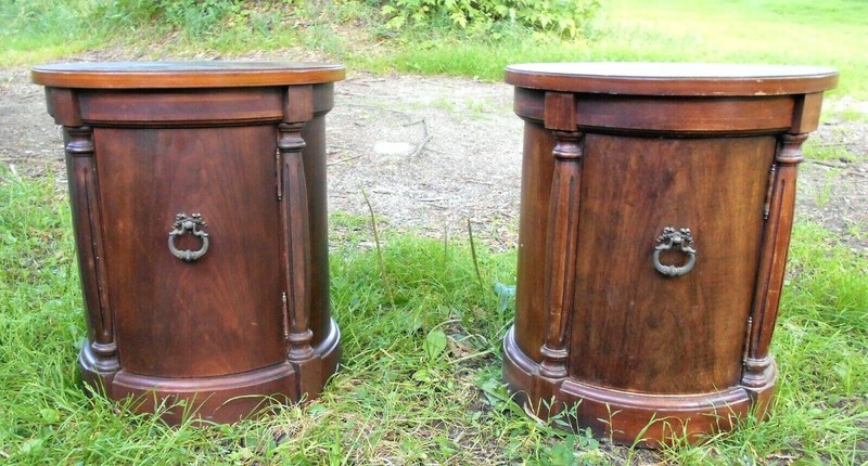 PAIR OF MID CENTURY REGENCY SINGLE DOOR DRUM TABLES gallery