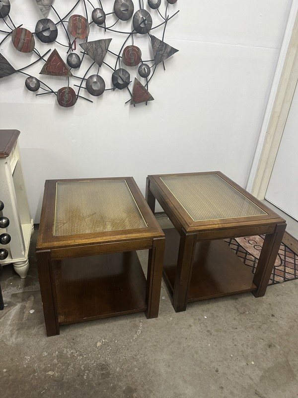 Vintage MC Cane And Glass Top Rectangular Side /End Tables With Gold accents