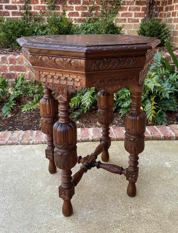 Antique French Octagonal Table Renaissance Revival Carved Oak 19th C gallery