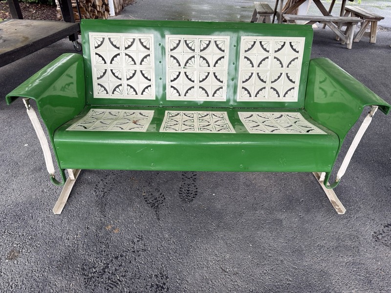 Vintage Metal Glider & Three Matching Chairs. Powder Coated In John Deere Green. gallery