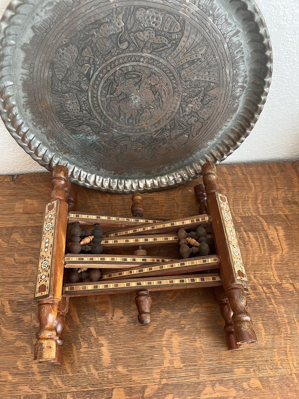 Moorish Brass Tray Table on Inlaid Folding Stand Vintage gallery