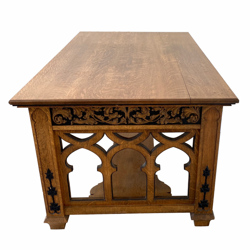 19th C. Gothic Revival Library Table, Carved Drawers, c.1880 gallery