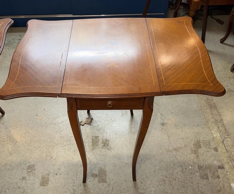 Pair Of 1920’s Inlaid French Style Marquetry Inlaid Drop Leaf End Tables gallery