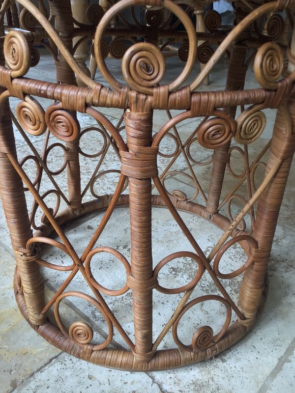 Vtg Rattan Round Stool or End Table or Plant Stand Boho, Scroll Filigree Details gallery