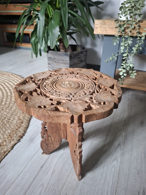 Vintage hand carved wooden side table rustic boho plant stand
