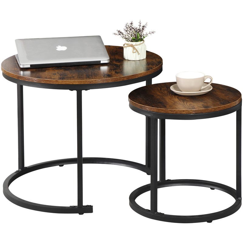 Nesting End Table Set of 2 Round Wood Accent Side Coffee Tables with Metal Frame