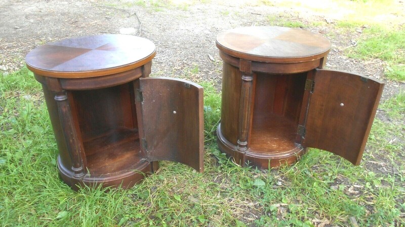 PAIR OF MID CENTURY REGENCY SINGLE DOOR DRUM TABLES gallery
