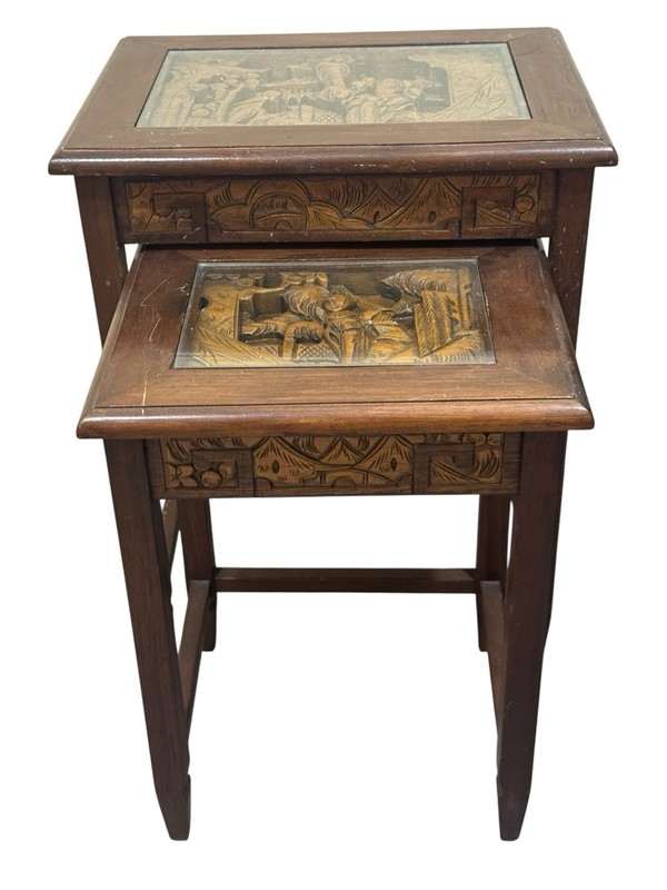 Vintage 1960s Asian Carved Nesting Tables Side Coffee Decor Table Set of 2 gallery