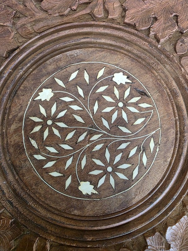 Antique Wood Engraved Round Accent Table Anglo-Indian Fold Away Side Vintage gallery