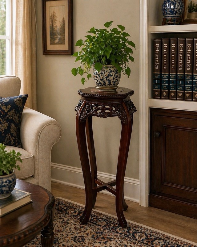 VTG Mid Century Chinoiserie Carved Wood Marble Top Plant Stand Pedestal Table
