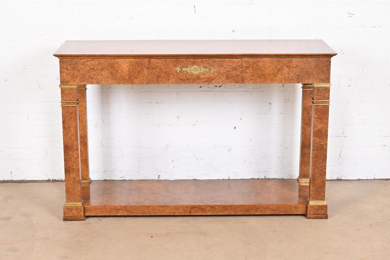 Baker Furniture Neoclassical Burl Wood and Mounted Brass Console or Sofa Table