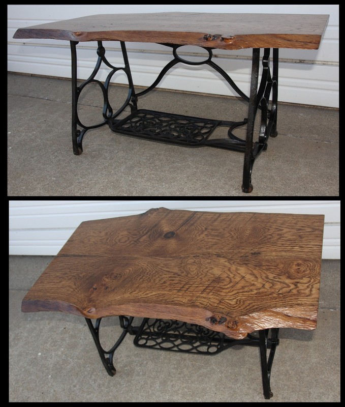 Industrial Live Edge OLD Oak Slab Timber Coffee Table w Iron Sewing Machine Base gallery