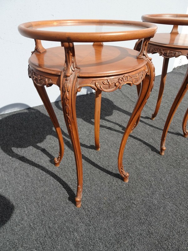 Vintage French Rococo Louis XVI Style Brown Ornately Carved Side Tables Two Tier gallery