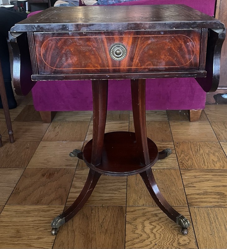 Antique Victorian Wooden Sewing Table Drop-Leaf Drawer Brass Pull Brown gallery