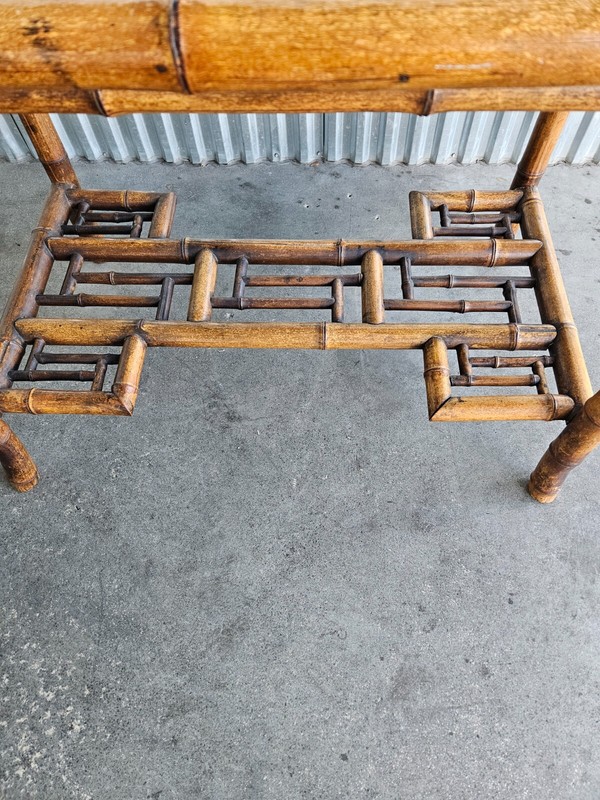 Rattan Chinese Chippendale Accent Table With Black lacquer Top gallery