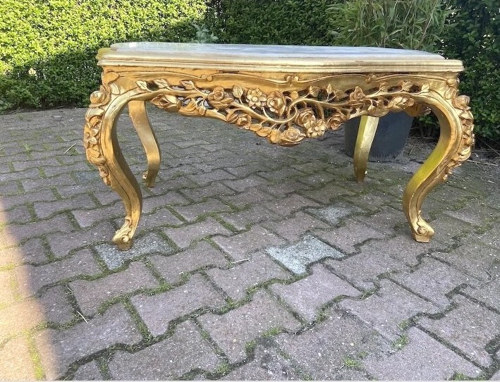 Coffee Table French Louis XVI Gold Beech Marble Vintage 1980s Elegant gallery