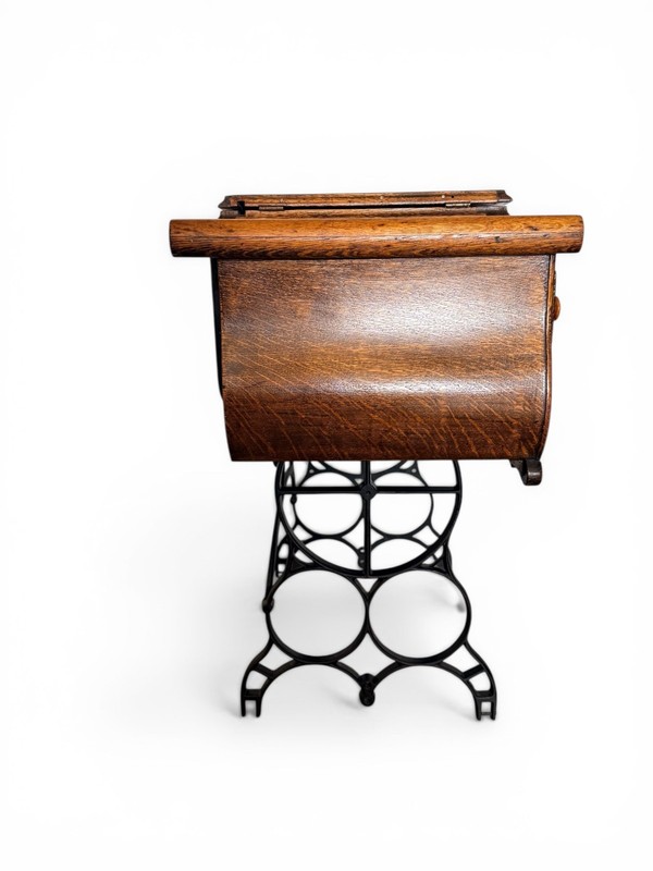 Antique Oak Storage Table with Foldout Top, Inside Compartment and 5 Drawers gallery