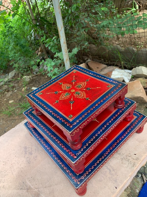 Stool For Pooja Handmade Indian Wooden Chowki Decorative Home Decor Bajot Art gallery