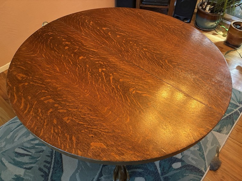 Antique Tigerwood Oak Table round 45” round 30” Tall claw feet gallery