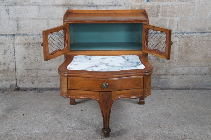 Mid Century French Provincial Serpentine Walnut Marble Lattice Tiered Step Table gallery