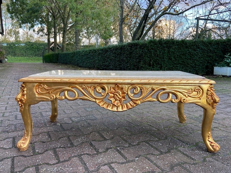 Table Italian Baroque Gilt Beech Marble Coffee Vintage 1970s Elegant gallery