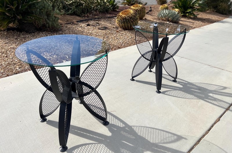 Mid-Century Modern Black Wrought Iron Butterfly Pair End Tables gallery